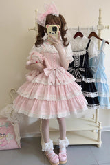 Pink [Maiden Heart] Triple-Layered Ruffle Bowknot Lace Sweet Lolita Jsk Dress - Product - 7