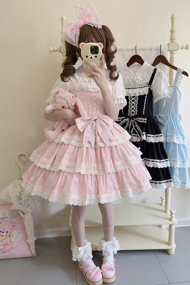 Pink [Maiden Heart] Triple-Layered Ruffle Bowknot Lace Sweet Lolita Jsk Dress - Product - 7
