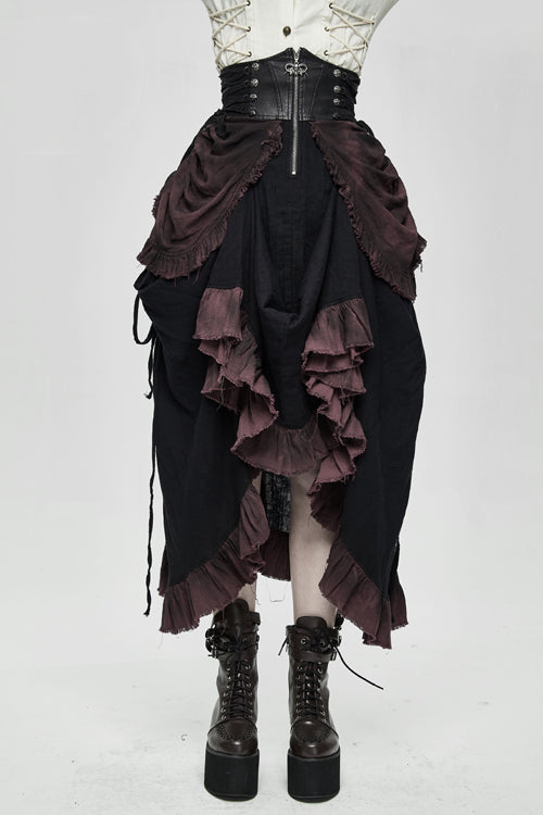 Burgundy Printed Drawstring Steampunk Womens Half Skirt - Product - 2