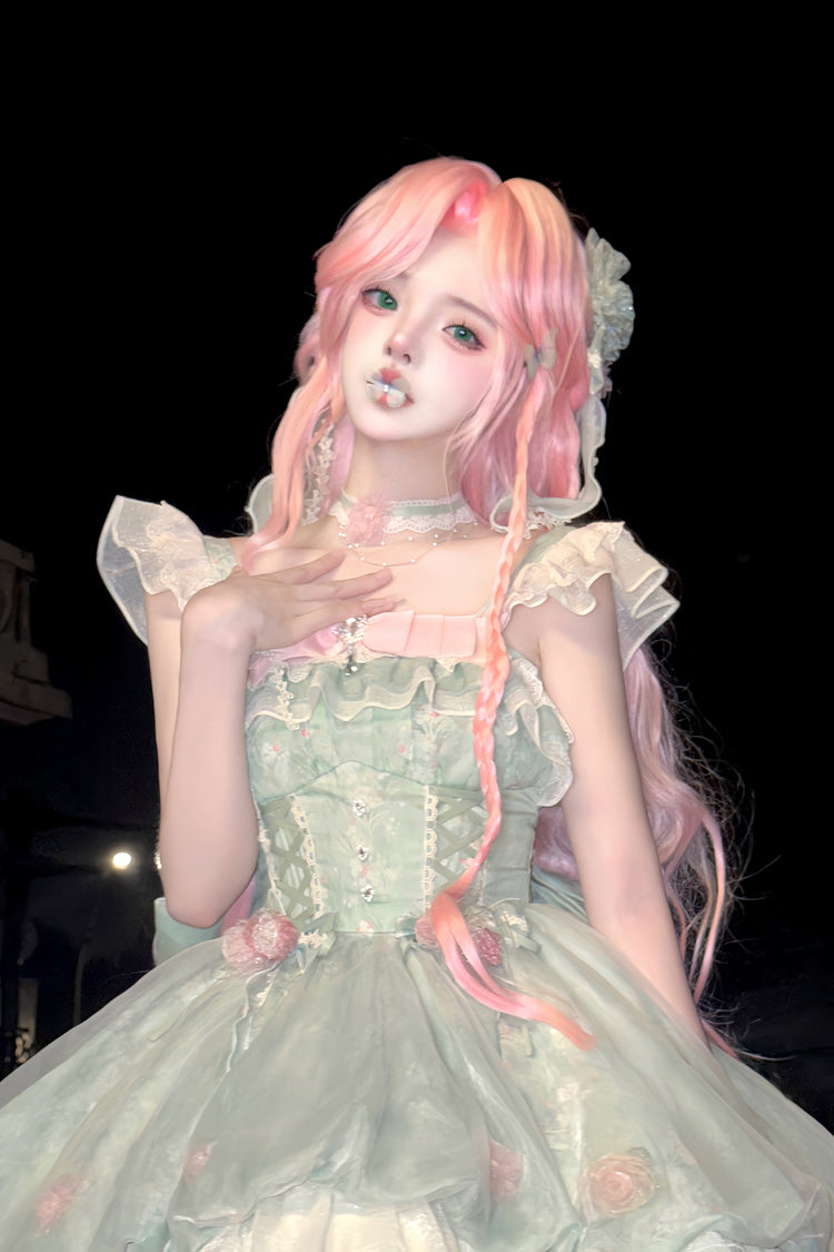 Green Flower Fairy Forest Garden Print Ruffle Bow Lace Sweet Lolita Dress detail view 11