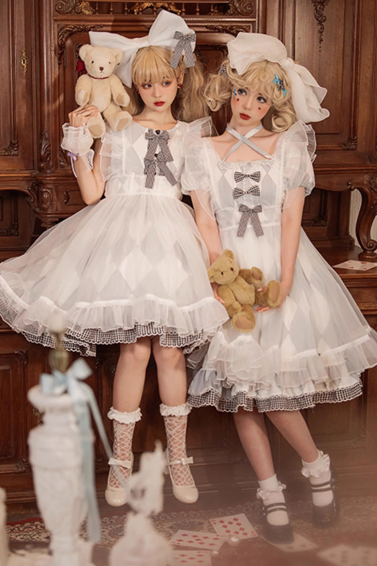 White/Blue Short Sleeves Diamond Plaid Print Bowknot Alice Sweet Lolita Dress - Product - 4