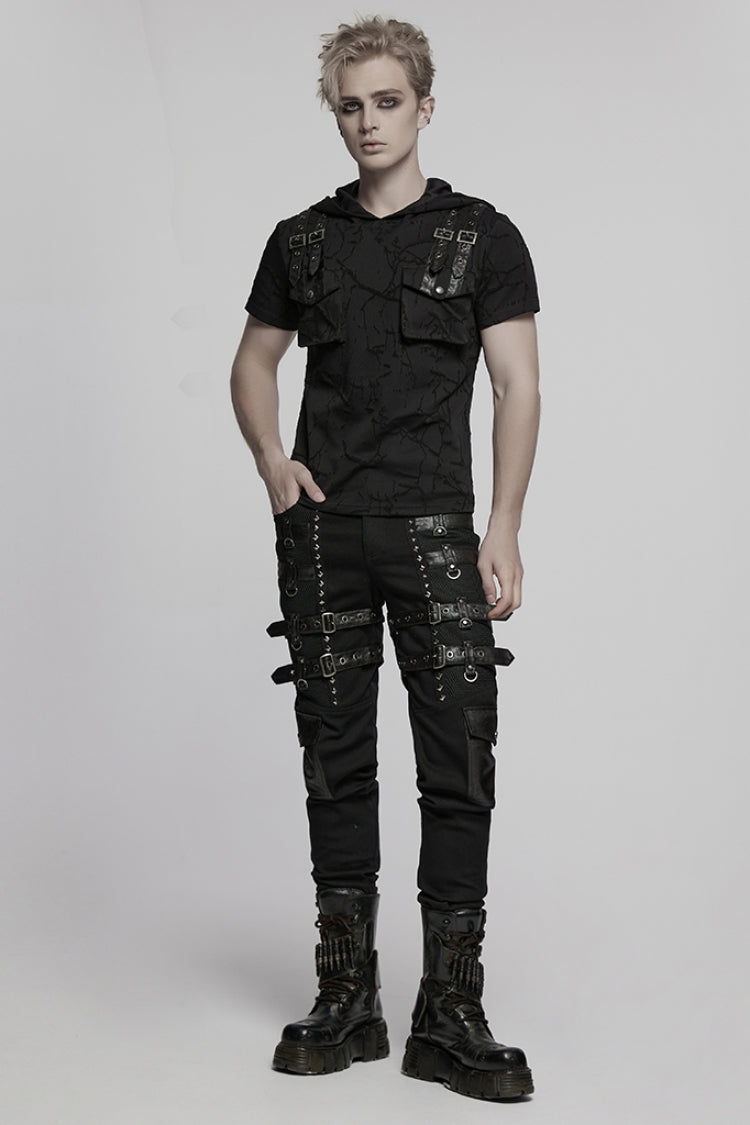 Black Stitching Mesh Buckle Straps Studded Men's Punk Pants - Product - 4