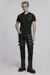 Black Stitching Mesh Buckle Straps Studded Men's Punk Pants - Product - 4