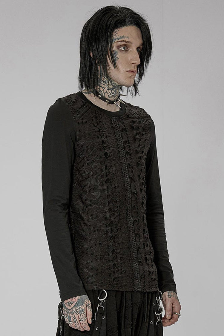 Black Punk Knitted Print Splicing Concave And Convex Webbing Decoration Long Sleeve Men's T-Shirt - Product - 2