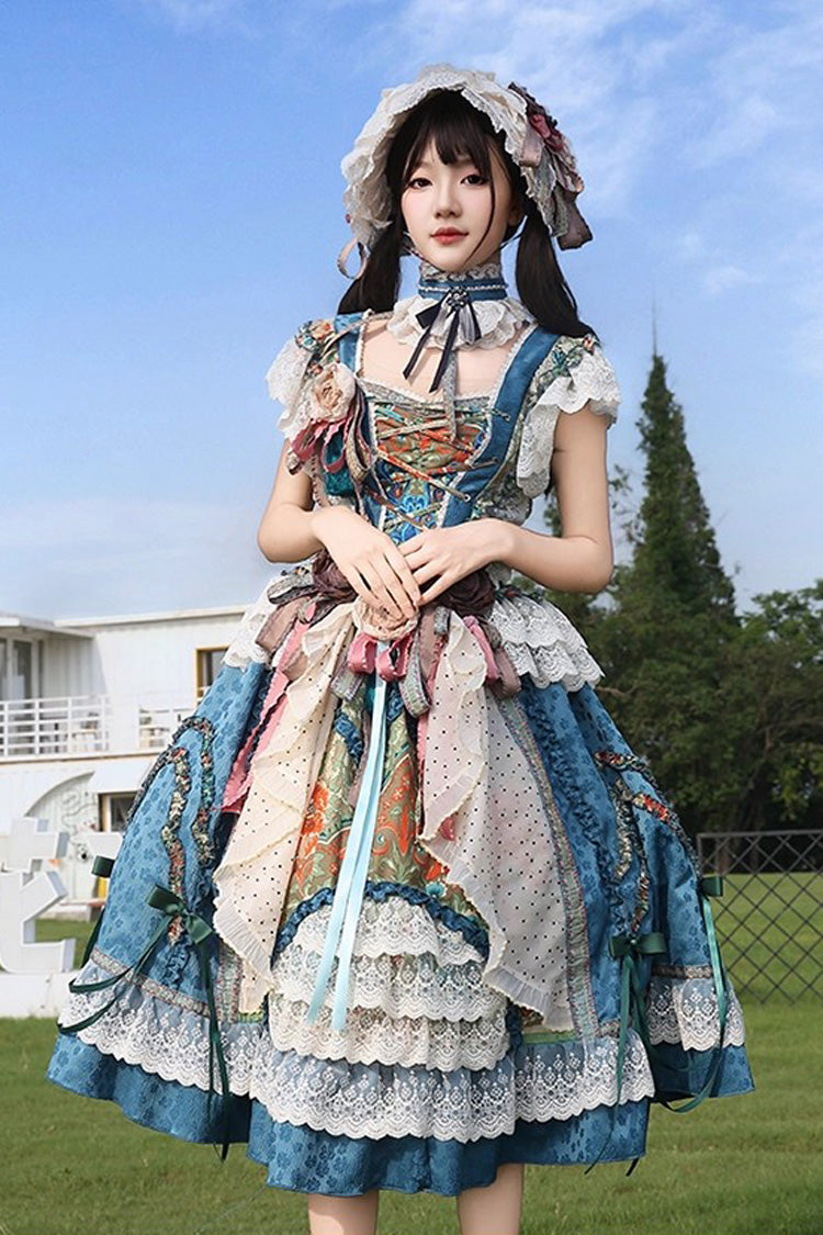 Blue [Lake Monet] Sleeveless High Waisted Print Ruffle Cardigan Bowknot Lace-Up Classic Vintage Elegant Princess Lolita Jsk Dress - Product - 4