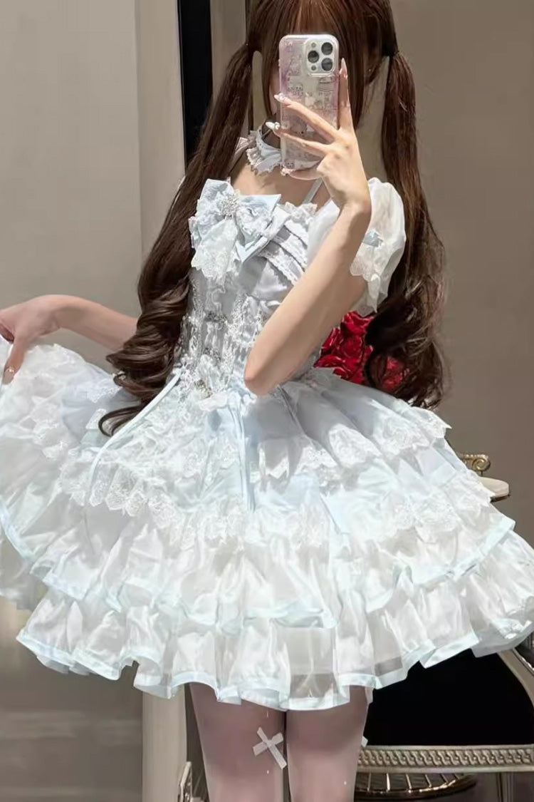White/Blue [Ice Dance] Halterneck Multi-Layered Bowknot Lace Sweet Ballet Lolita Dress - Product - 2