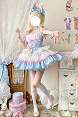 Light-Blue/Pink/White [Fairy Tale Overture] Triple-Layered Ruffle Bowknot Fishbone Sweet Ballet Lolita Dress - Product - 4
