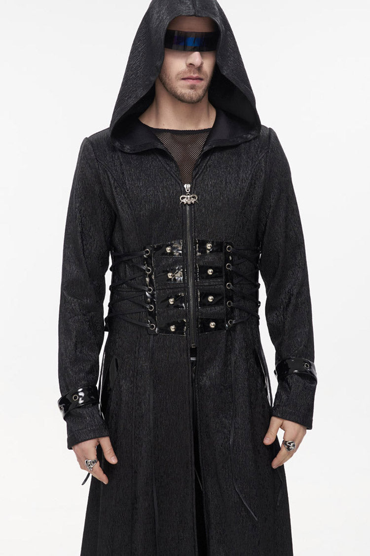 Black Punk Stripe Mechanism Material Adjustable Stitching Fake Girdle Design Slim Fit Men's Coat - Product - 8