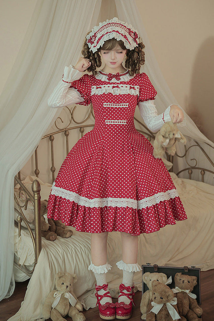 Red [Showa Memoir] Polka Dots Printed Ruffled Bow Sweet Lolita Dress - Product - 20