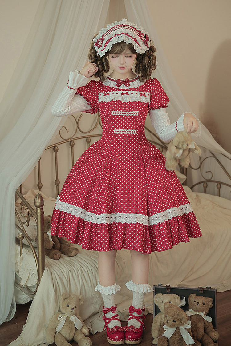 Red [Showa Memoir] Polka Dots Printed Ruffled Bow Sweet Lolita Dress - Product - 20