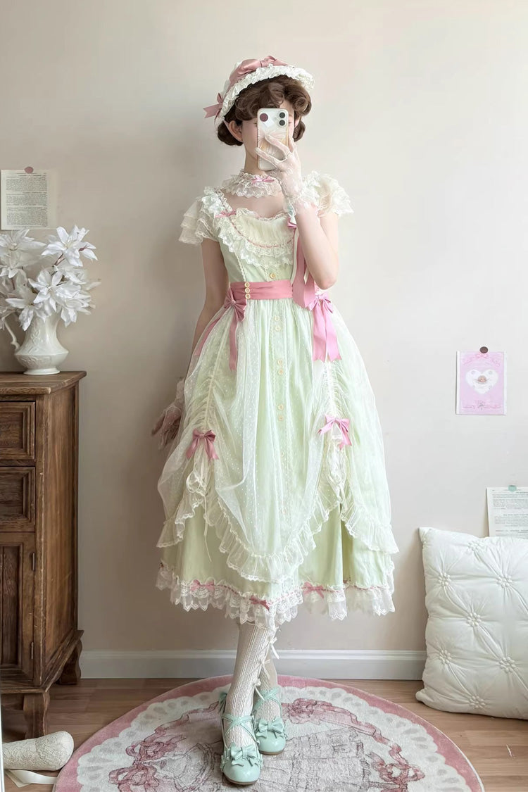 Green [Sakura’s Spring Resonance] Sleeveless Ruffled Bow Sweet Lolita Jsk Dress (Long Version) - Product - 7