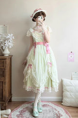 Green [Sakura’s Spring Resonance] Sleeveless Ruffled Bow Sweet Lolita Jsk Dress (Long Version) - Product - 7