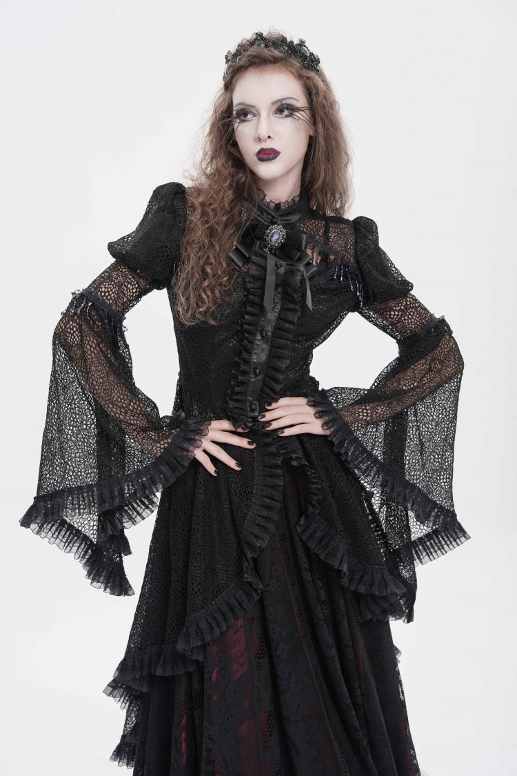 Black Stand Collar Long Trumpet Beaded Sleeves Cut-Out Bow Lace Women's Gothic Blouse - Product - 11
