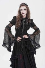 Black Stand Collar Long Trumpet Beaded Sleeves Cut-Out Bow Lace Women's Gothic Blouse - Product - 11
