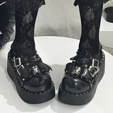 Glossy Black Punk Gothic Little Demon Bat Skull Cross Strap Platform Shoes - Product - 3