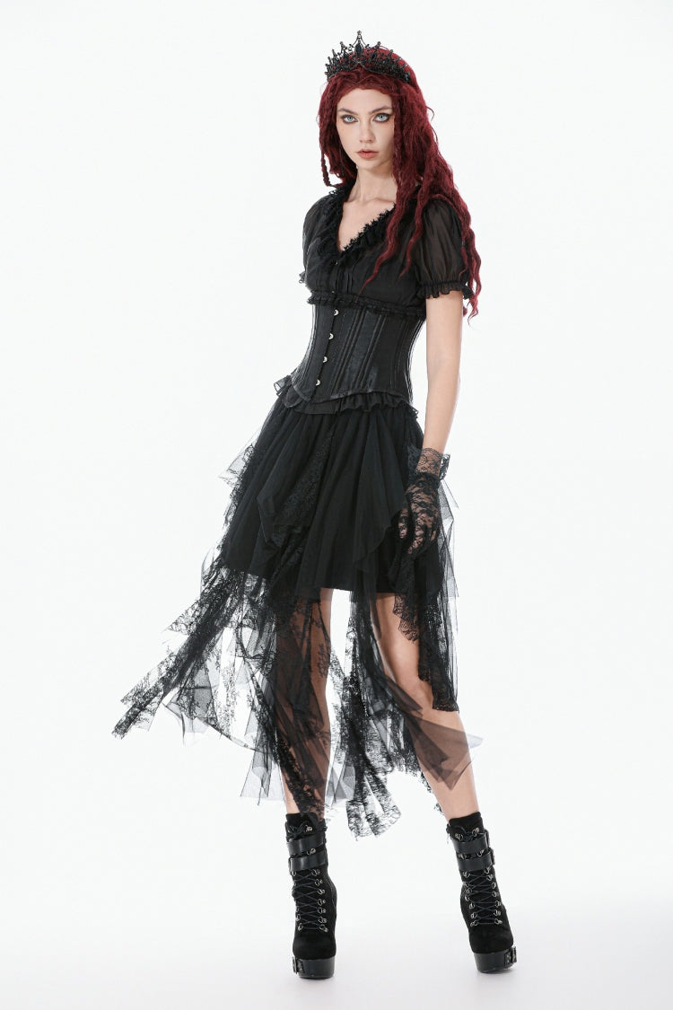 Black Solid Color Sleeveless Lace Lace-Up Women's Punk Underbust Corset - Product - 2