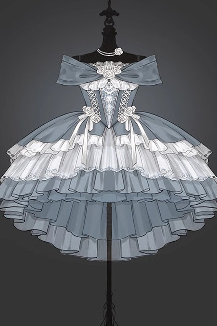 Black/White [Rose Of The Night Sea And Starry Sky] Off Shoulder Multi-Layered Ruffle Embroidery Sweet Lolita Dress - Grey - 5