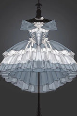 Black/White [Rose Of The Night Sea And Starry Sky] Off Shoulder Multi-Layered Ruffle Embroidery Sweet Lolita Dress - Grey - 5