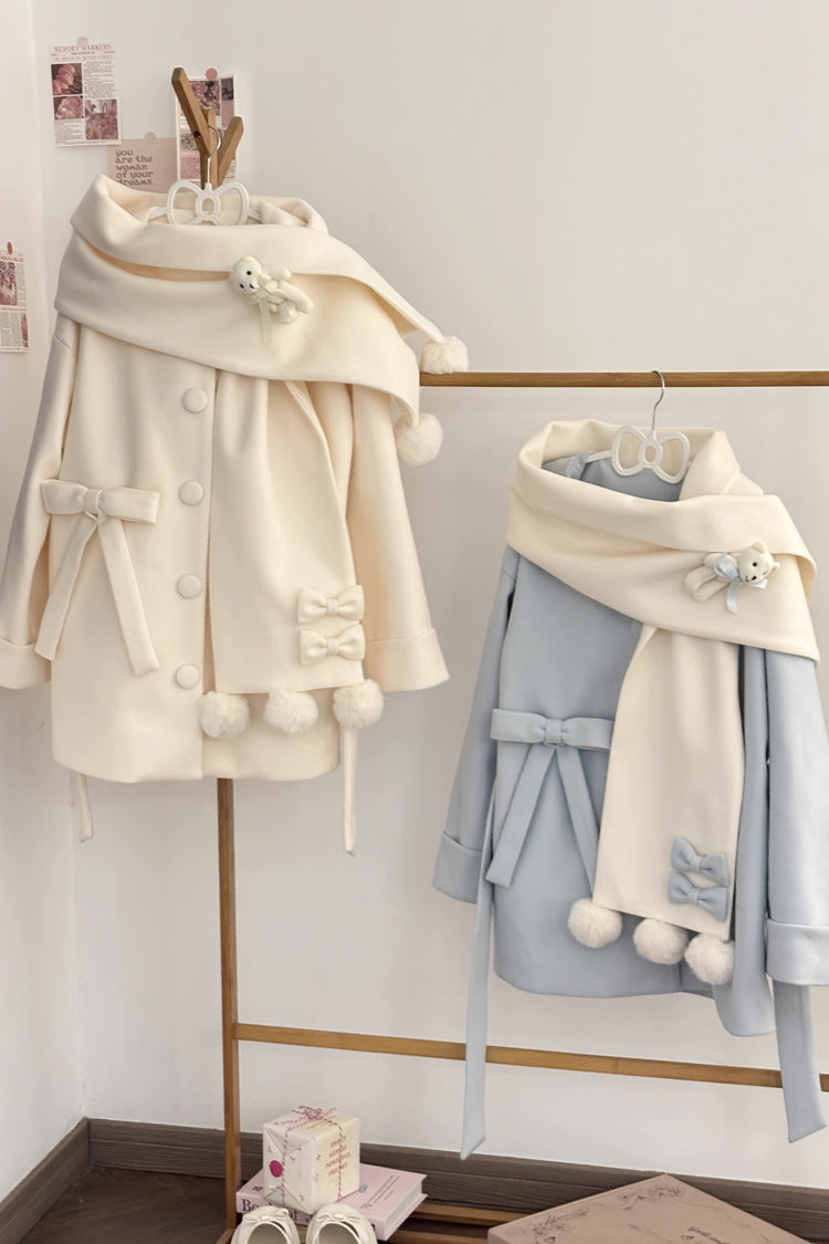 First Snow Bear Bowknot Scarf Design Sweet Japanese Lolita Coat 4 Colors - Product - 10