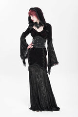 Black/Red Long Trumpet Sleeves Embroidery Stitching Lace Hooded Mesh Women's Gothic Dress - Product - 11