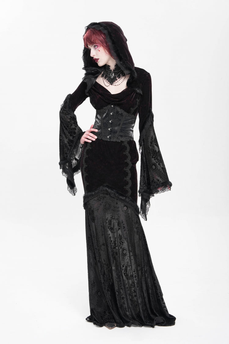 Black/Red Long Trumpet Sleeves Embroidery Stitching Lace Hooded Mesh Women's Gothic Dress - Product - 11