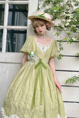 Green Elegant Vintage Square Collar Short Sleeves Multi-Layer Ruffled Classic Lolita OP Dress - Product - 2