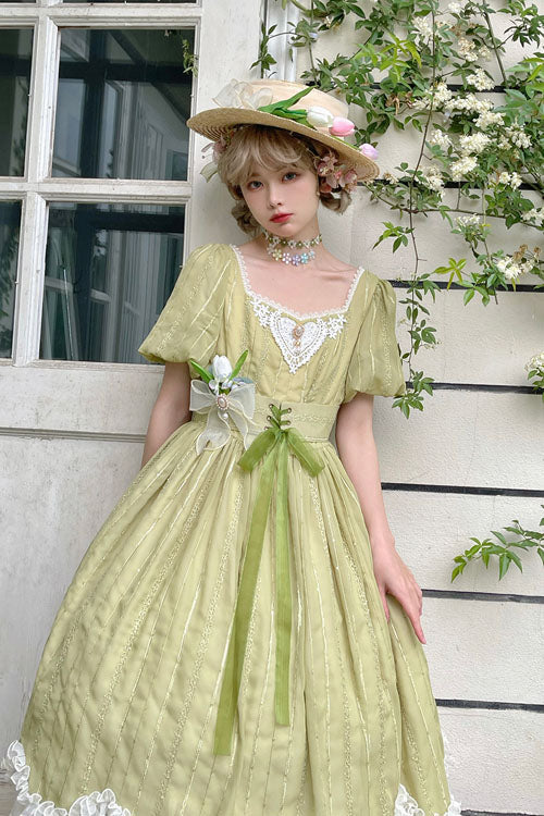 Green Elegant Vintage Square Collar Short Sleeves Multi-Layer Ruffled Classic Lolita OP Dress - Product - 2