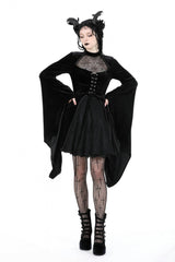 Black Long Trumpet Sleeves Spliced Lace-Up Spider Mesh Women's Gothic Velvet Wedding Dress - Product - 9