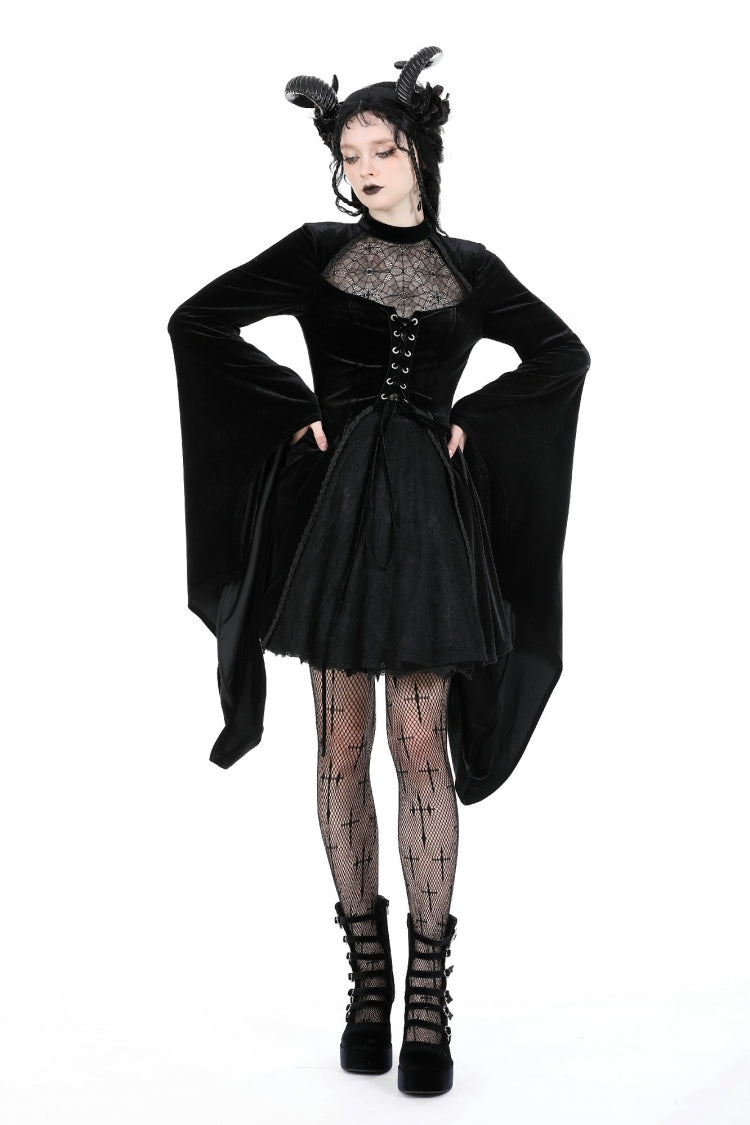 Black Long Trumpet Sleeves Spliced Lace-Up Spider Mesh Women's Gothic Velvet Wedding Dress - Product - 9