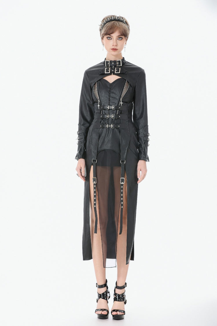 Black PU Leather Long Sleeves Buckled Strap Zippered Women's Punk Shrug - Product - 8