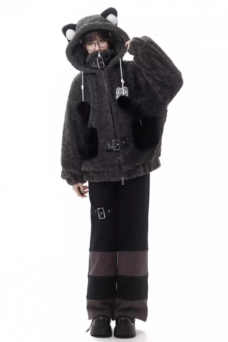 Black/Grey [Little Hibernating Bear] Long Sleeves Hooded Zippered Sweet Lolita Coat and Pants Set - Product - 4