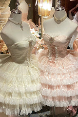 Pink [Heartbeat at First Sight] Off Shoulder Sleeveless Multi-Layered Ruffle Bowknot Lace Lace-Up Sweet Princess Gorgeous Lolita Dress - Product - 2