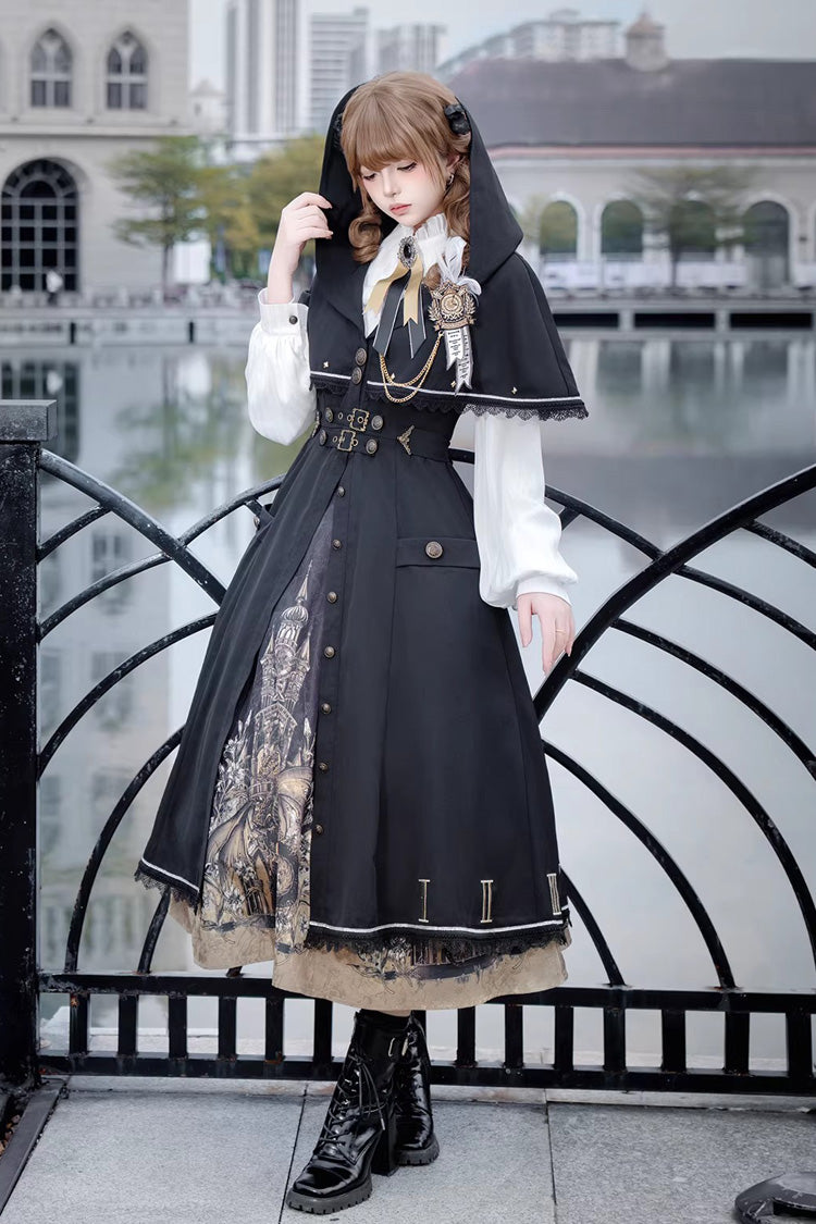Black [Dragon’s Aria] Long Sleeves Printed Embroidered College Style Gothic Vintage Lolita Dress Three-Piece Set - Product - 5