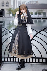 Black [Dragon’s Aria] Long Sleeves Printed Embroidered College Style Gothic Vintage Lolita Dress Three-Piece Set - Product - 5