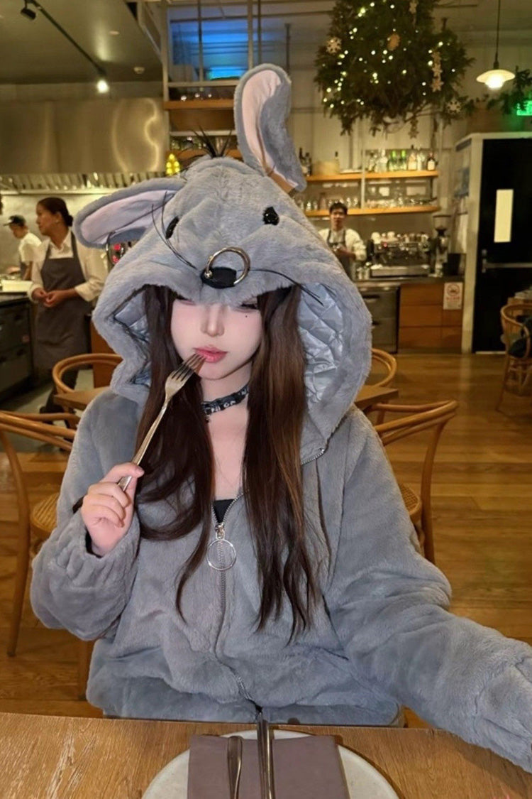 Grey Mouse Ears and Tail Long Sleeves Punk Jirai Kei Japanese Plush Coat - Product - 4