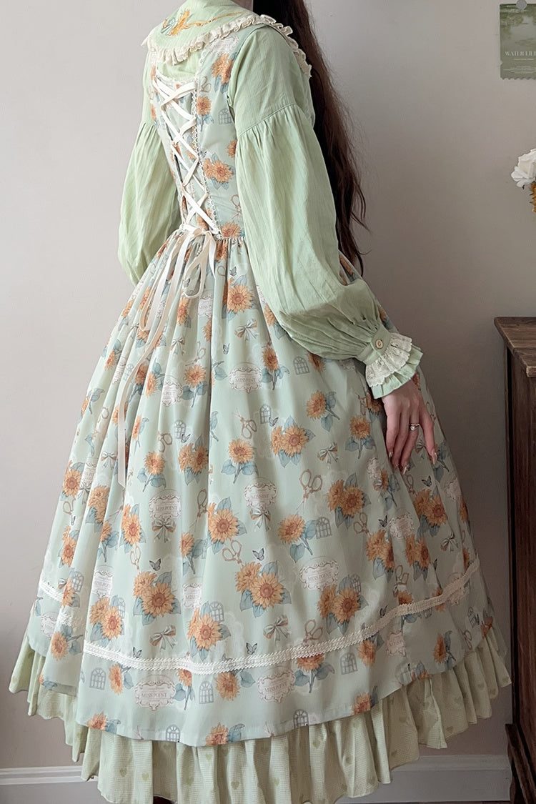 Green [Gardening Sunflower] Sleeveless Print Ruffle Bowknot Sweet Elegant Uplift Lolita Jsk Dress - Product - 5