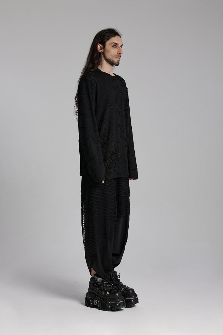 Black Round Collar Long Sleeves Ripped Mesh Men's Punk T-Shirt - Product - 2