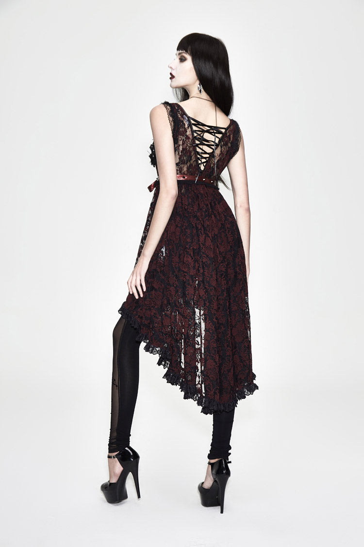Red Waist Knot Back Lace-Up Frill Hem Sleeveless Rose Lace Mesh Women's Gothic T-Shirt - Product - 7