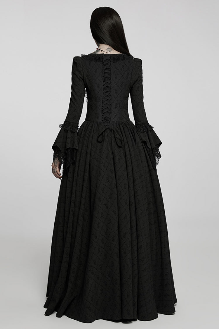 Black Square Collar Long Trumpet Sleeves Rose Print Lace Women's Gothic Elegant Dress - Product - 3