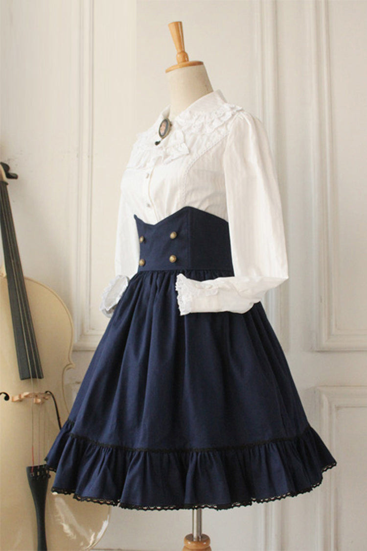 Dark Blue Vintage College Style High Waisted Fishbone Gothic Lolita Skirt - Product - 4