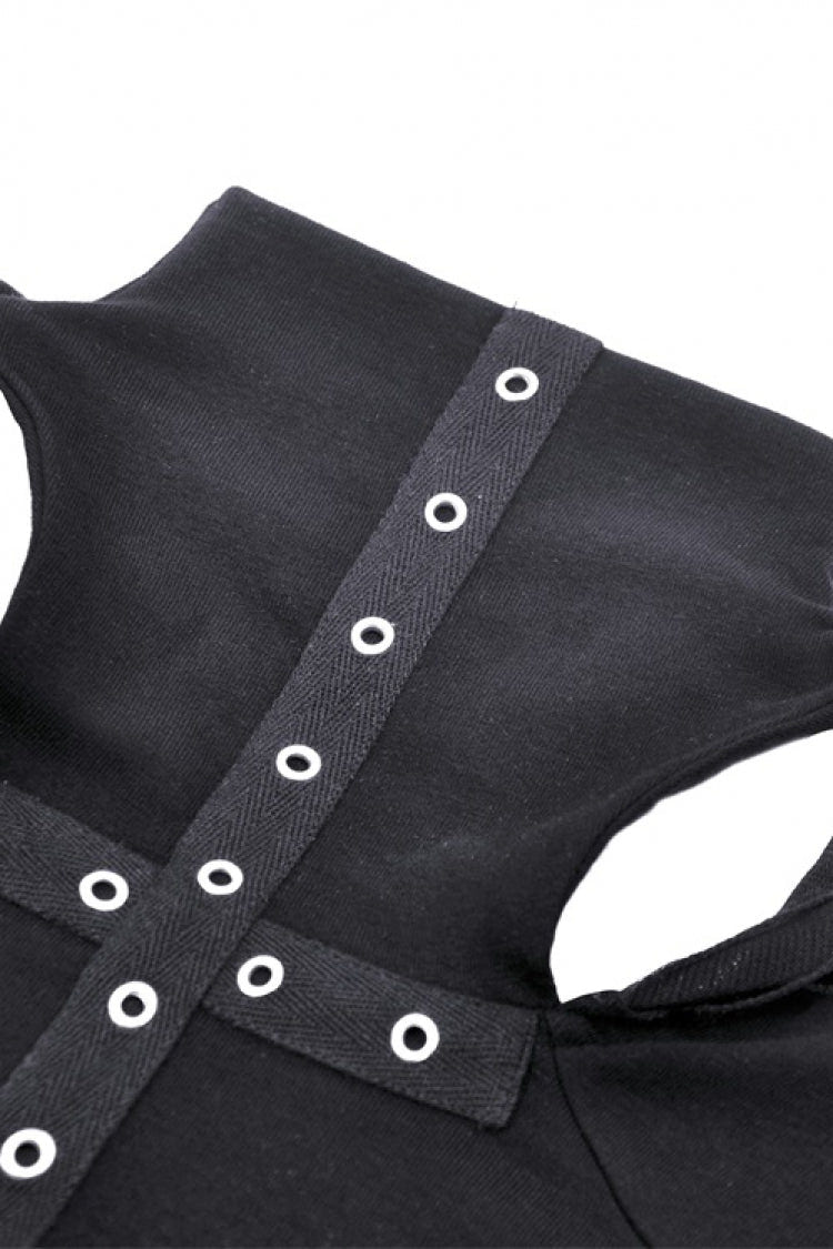 Black Metal Cross Eyelet Long Sleeves Cut-Out Women's Punk Crop Top with Ripped Hood - Product - 13