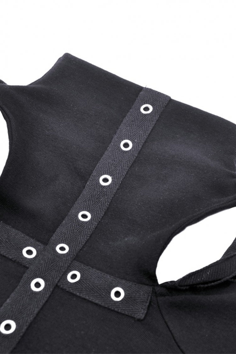 Black Metal Cross Eyelet Long Sleeves Cut-Out Women's Punk Crop Top with Ripped Hood - Product - 13