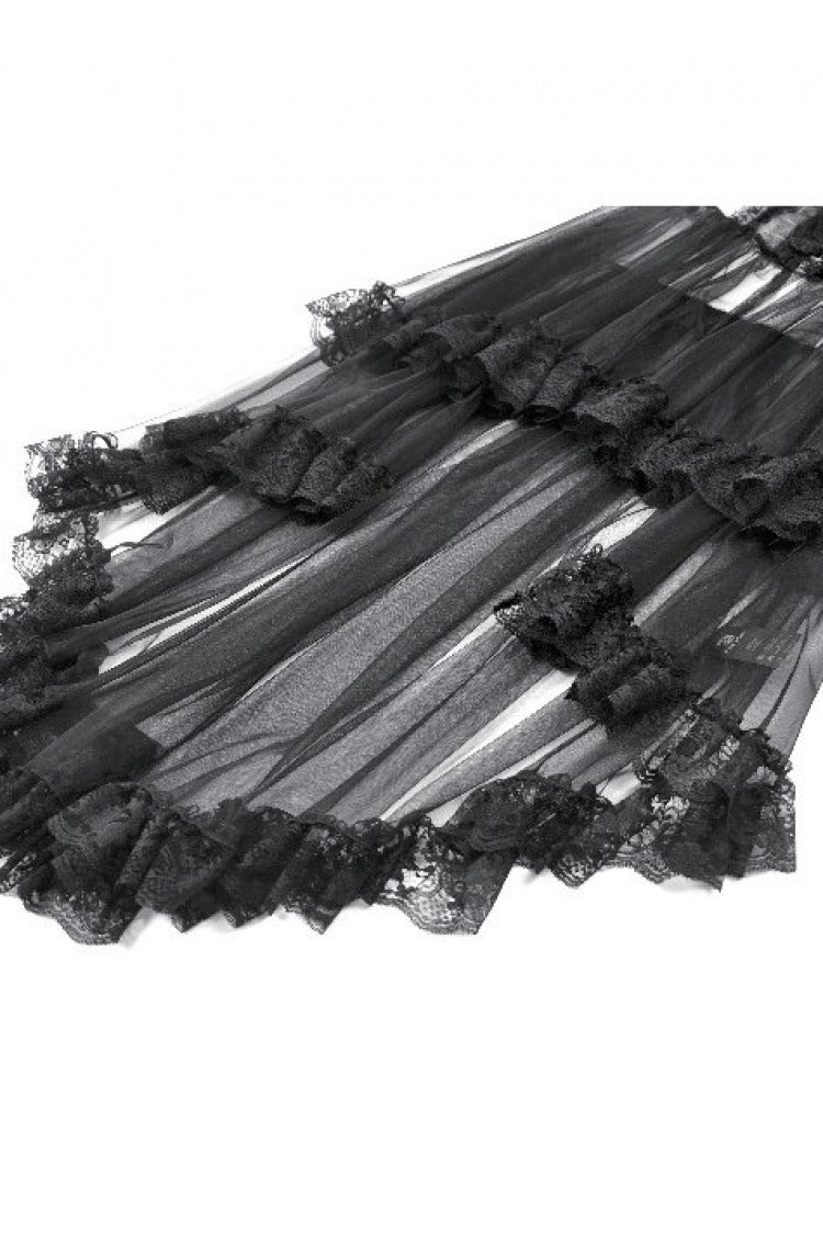 Black Deep-V Ruffled Long Flare Sleeves Sheer Lace Patchwork Lace-Up Women's Gothic Duster - Product - 15
