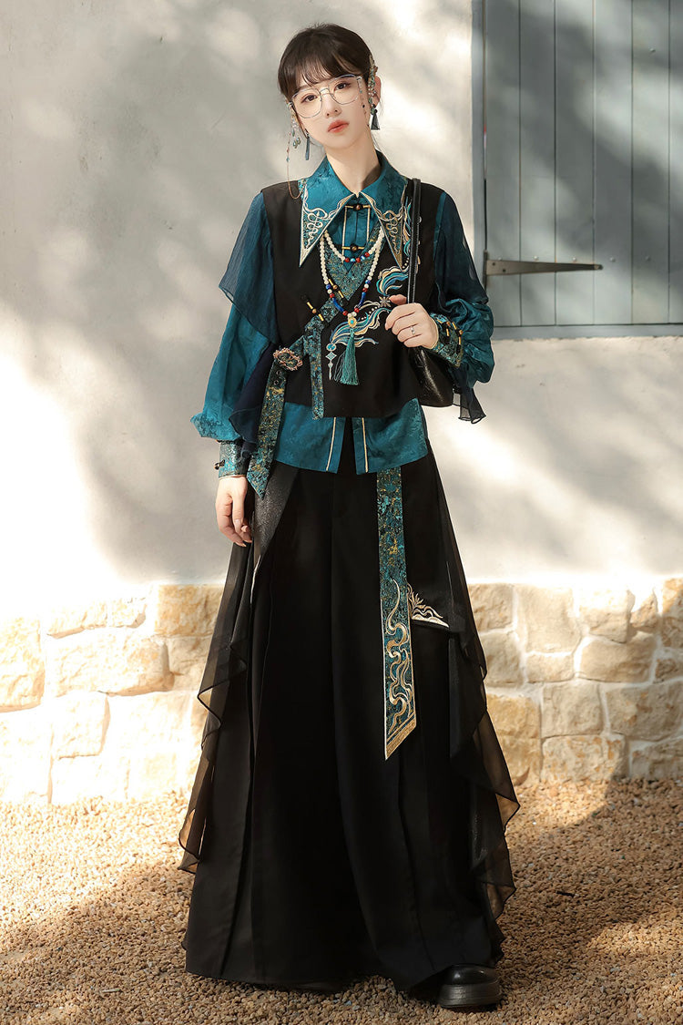 Black/Green Round Collar Long Sleeves Ruffle Embroidery Chinese Style Vintage Handsome Ouji Lolita Set - Black/Green - 1