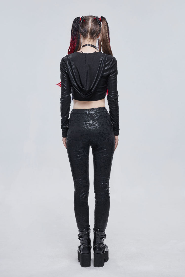 Black Shiny Vertical Grain Texture Tied Rope Decoration Hooded Short Women's Punk T-Shirt - Product - 5