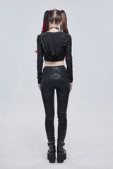 Black Shiny Vertical Grain Texture Tied Rope Decoration Hooded Short Women's Punk T-Shirt - Product - 5