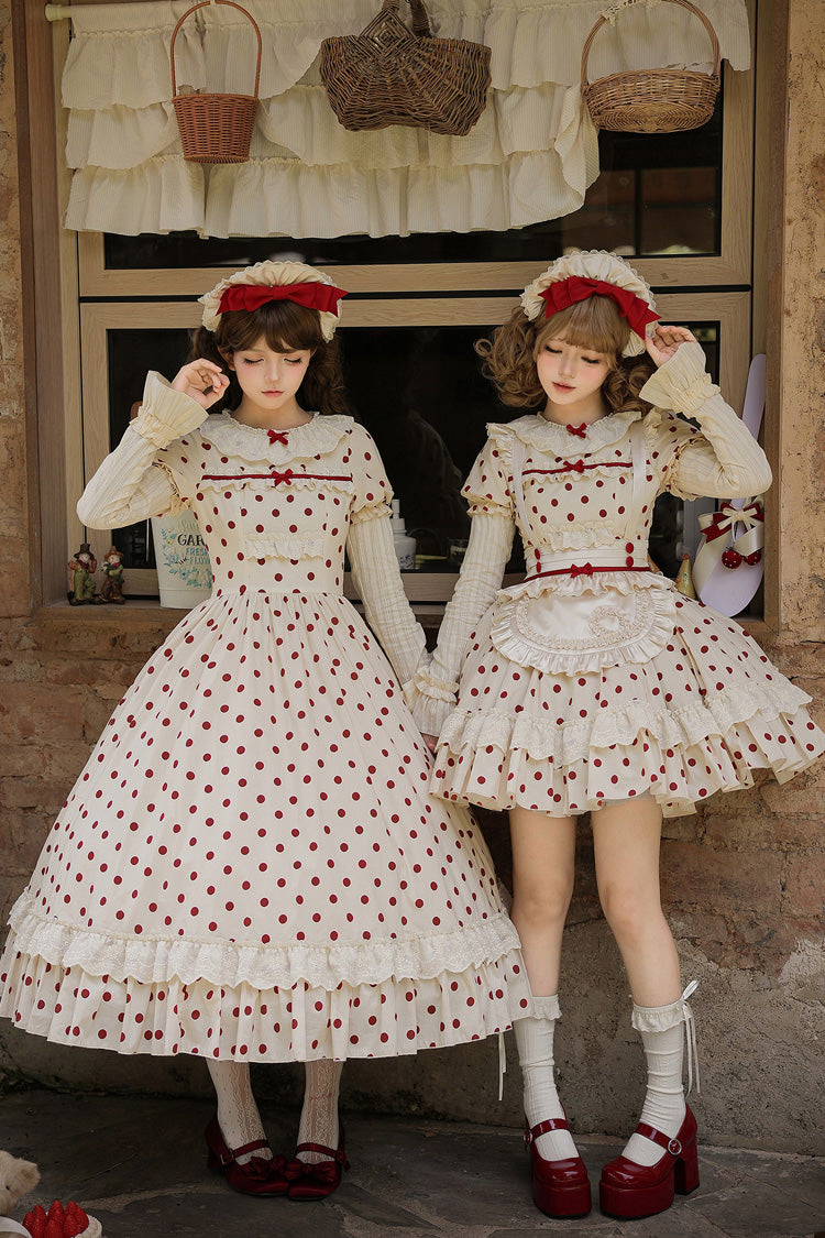 Apricot [Lollipop] Cotton Round Collar Long Lantern Sleeves Polka Dot Printed Ruffled Bow Lace Sweet Elegant Lolita Dress 2 Versions - Product - 8