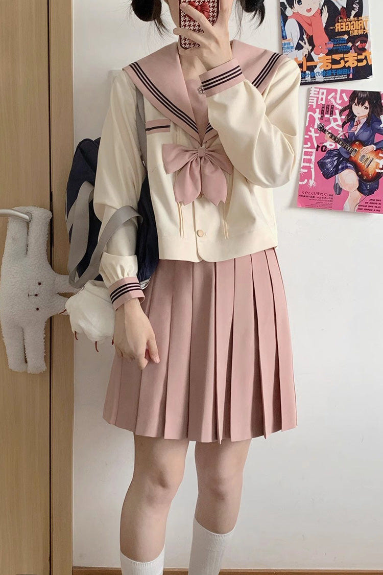 Pink/Ivory Sailor Collar Long Sleeves Sweet Japanese School Skirt Set - Product - 2
