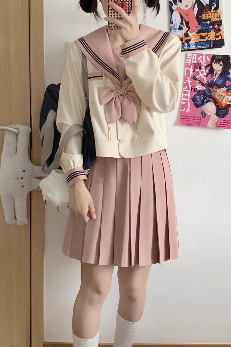 Pink/Ivory Sailor Collar Long Sleeves Sweet Japanese School Skirt Set - Product - 2