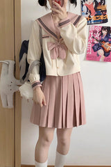 Pink/Ivory Sailor Collar Long Sleeves Sweet Japanese School Skirt Set - Product - 2